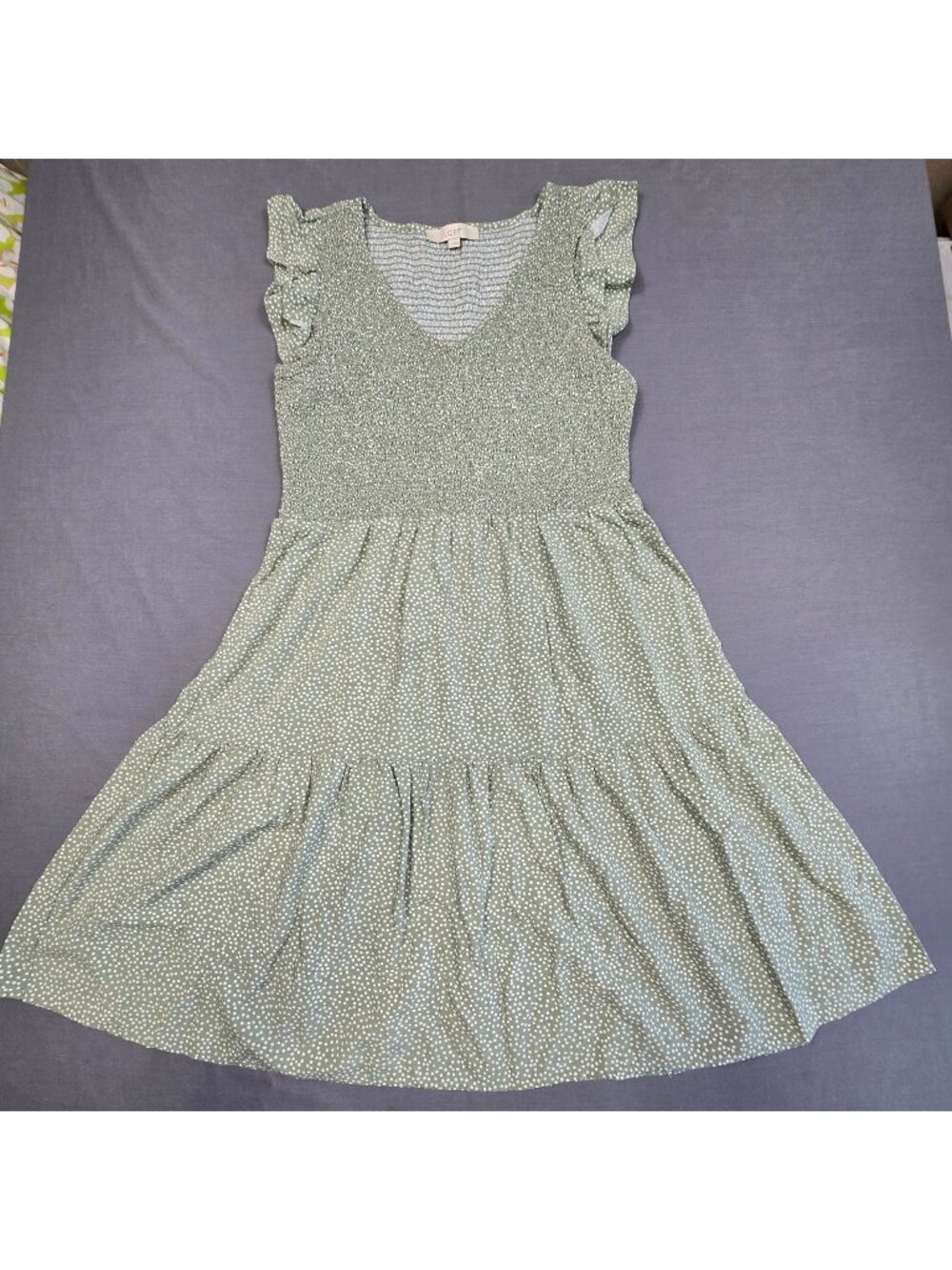 Loft Size LT Green Polka Dot Smocked Midi Dress Flutter Sleeves Cottage Core